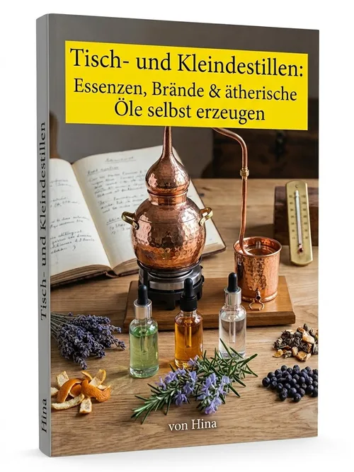 Cover des E-Books Tisch- und Kleindestillen mit einer kupfernen Destille, Kräutern und kleinen Flaschen