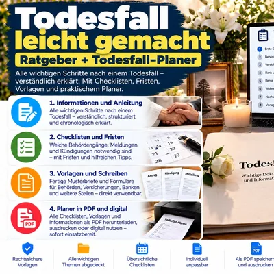 Titelbild des Ratgebers Todesfall leicht gemacht mit Todesfall-Planer, Checkliste und weißen Blumen