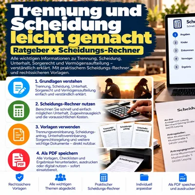 Titelbild des Ratgebers Trennung und Scheidung leicht gemacht mit Scheidungs-Rechner und Eheringen auf einem Schreibtisch