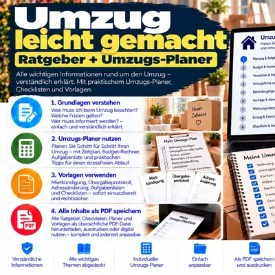 Titelgrafik des Ratgebers „Umzug leicht gemacht – Ratgeber + Umzugs-Planer“