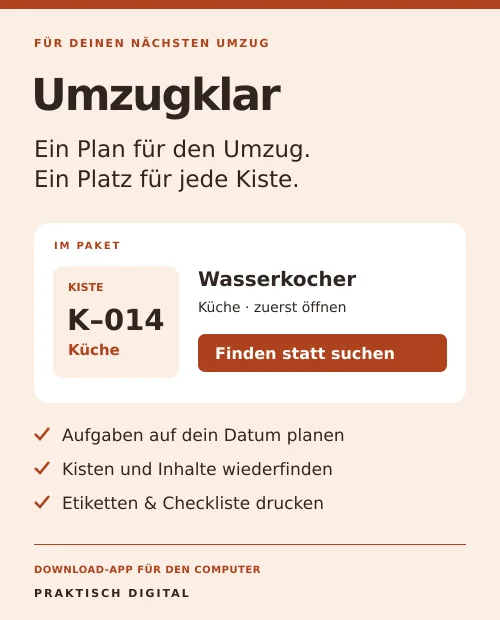 Produktbild der Download-App Umzugklar mit Umzugsplan und Kistenregister