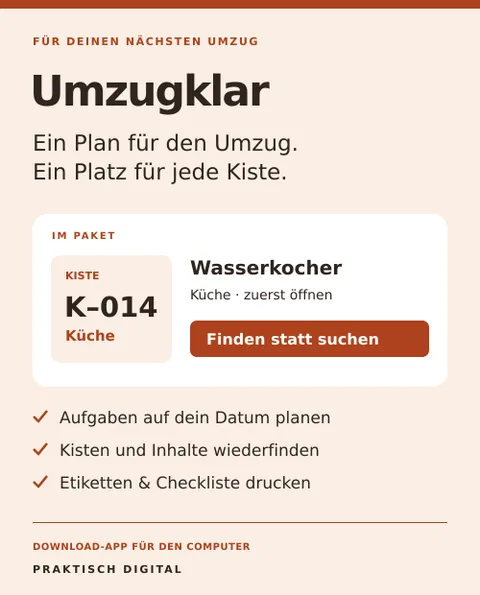 Produktbild der Download-App Umzugklar mit Umzugsplan und Kistenregister