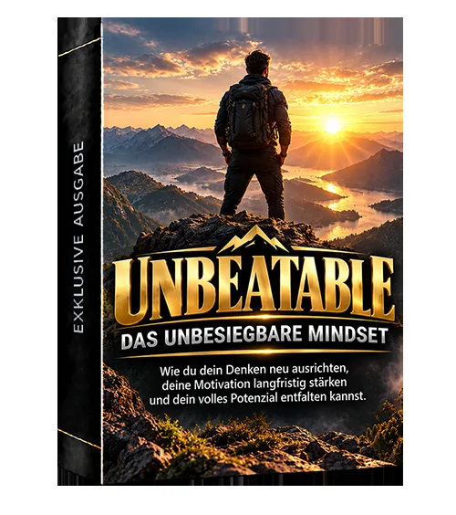 Buchcover von Unbeatable mit dem Untertitel Das unbesiegbare Mindset und einem Wanderer vor einer Berglandschaft