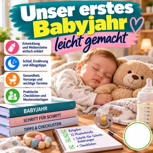 Titelbild des E-Books Unser erstes Babyjahr leicht gemacht mit schlafendem Baby, Teddy und Checkliste