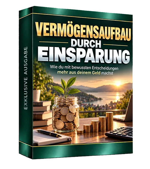 Produktbild des E-Books „Vermögensaufbau durch Einsparung“ mit Sparglas voller Münzen und Pflanze, Untertitel „Wie du mit bewussten Entscheidungen mehr aus deinem Geld machst“