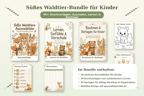Titelgrafik des Süßen Waldtier-Bundles für Kinder mit den drei PDF-Covern Ausmalbilder, Lernen & Gefühle und Routinen & Vorlagen
