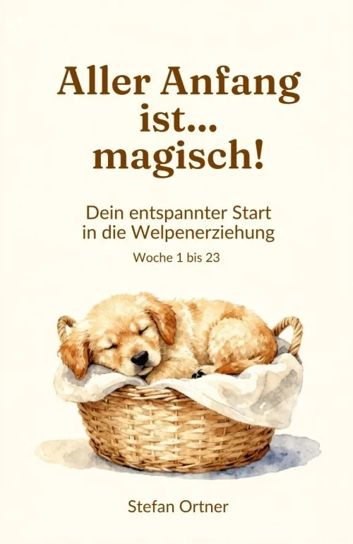 Cover des E-Books Aller Anfang ist magisch, Dein entspannter Start in die Welpenerziehung, Woche 1 bis 23, von Stefan Ortner, mit einem schlafenden Welpen im Korb