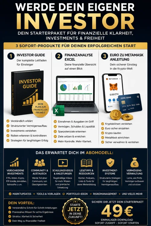 Titelgrafik Werde dein eigener Investor: Starterpaket mit Investor Guide, Finanzanalyse-Excel und Anleitung Euro zu MetaMask für 49 Euro