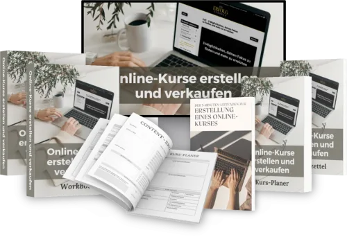 Produktbild des White-Label-Kurs-Bundles mit eBook, Workbook, Kurs-Planer und Laptop mit der Aufschrift „Online-Kurse erstellen und verkaufen“