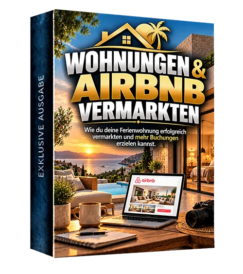 Cover des E-Books Wohnungen und Airbnb vermarkten mit Ferienwohnung und Laptop