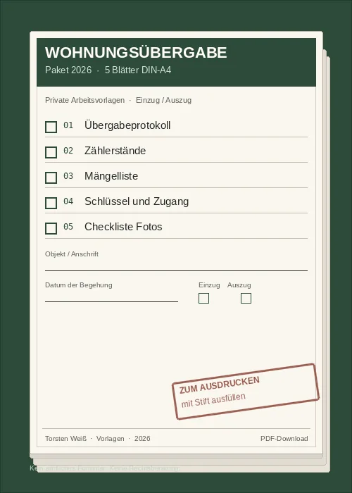 Vorlagenpaket Wohnungsübergabe 2026 mit Übergabeprotokoll und Zählerständen