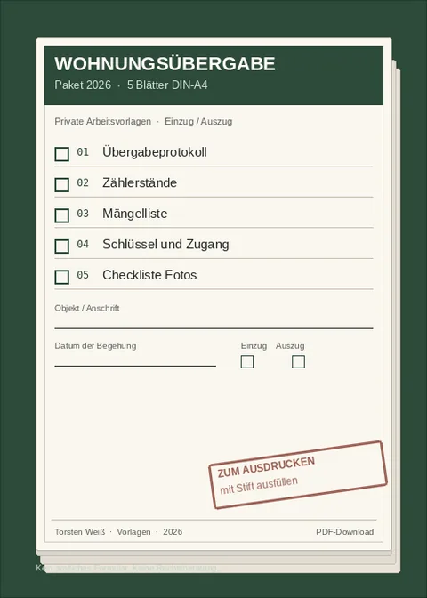 Vorlagenpaket Wohnungsübergabe 2026 mit Übergabeprotokoll und Zählerständen